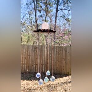 Crystal Sun Catcher with 5 Crystals Prisms and Wooden Top to Hold Crystal Sphere